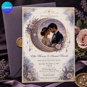 Celestial Wedding Invitation, Moon Stars Floral Photo Invite, Lavender Gold Romantic Editable Canva Template