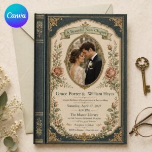 Book Wedding Invitation, Vintage Literary Library Theme, Floral Storybook Editable Canva Template