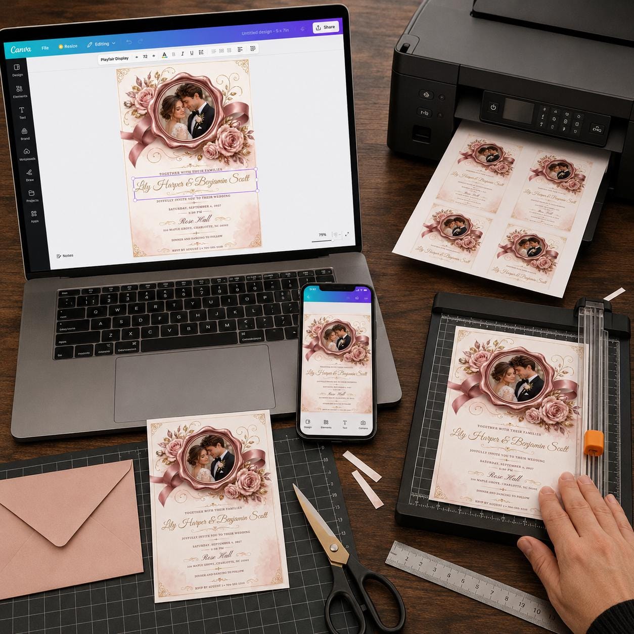Vintage Wedding Invitation, Blush Rose Gold Photo Invite, Romantic Floral Ribbon Editable Canva Template - Image 3