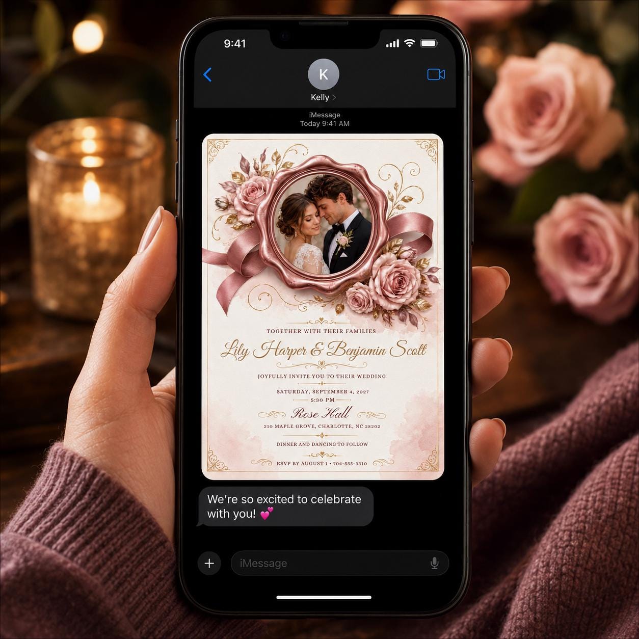 Vintage Wedding Invitation, Blush Rose Gold Photo Invite, Romantic Floral Ribbon Editable Canva Template - Image 5