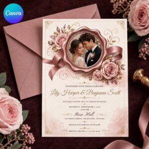 Vintage Wedding Invitation, Blush Rose Gold Photo Invite, Romantic Floral Ribbon Editable Canva Template