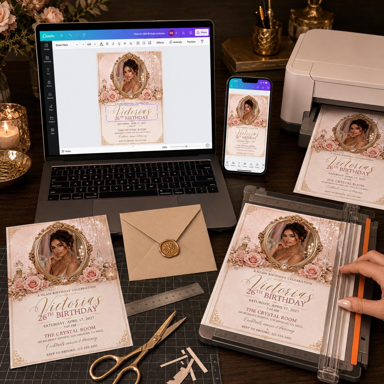 26th Birthday Invitation, Pink Gold Glam Photo Invite, Elegant Floral Party Editable Printable Canva Template - Image 4