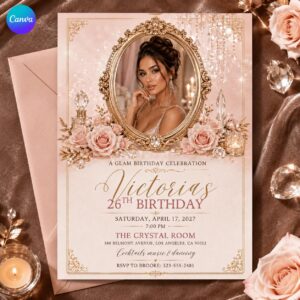 26th Birthday Invitation, Pink Gold Glam Photo Invite, Elegant Floral Party Editable Printable Canva Template