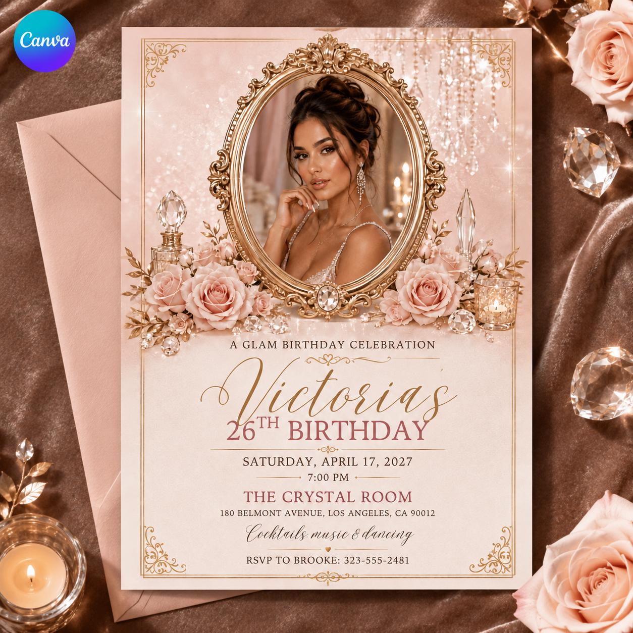 26th Birthday Invitation, Pink Gold Glam Photo Invite, Elegant Floral Party Editable Printable Canva Template