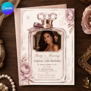 27th Birthday Invitation, Disco Ball Photo Invite, Pink Neon After Dark Party Editable Printable Canva Template