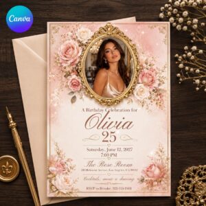 25th Birthday Invitation, Pink Gold Floral Photo Invite, Glam Party for Her Editable Printable Canva Template