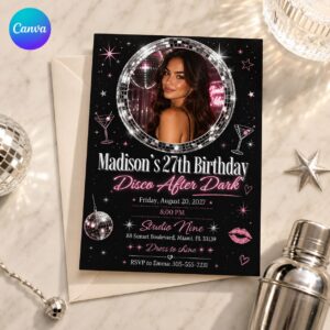 27th Birthday Invitation, Disco Birthday Photo Invite, Pink Black Neon Party Editable Printable Canva Template