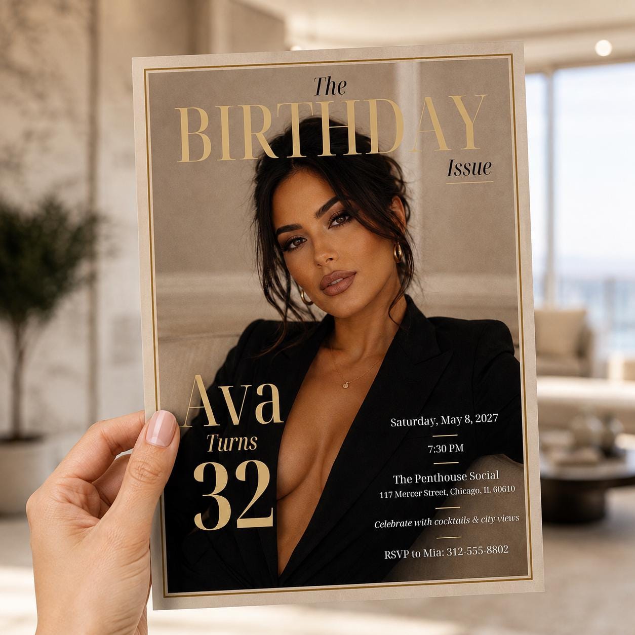 32nd Birthday Invitation, Magazine Cover Photo Invite, Chic Editorial Black Gold Party Editable Canva Template - Image 3