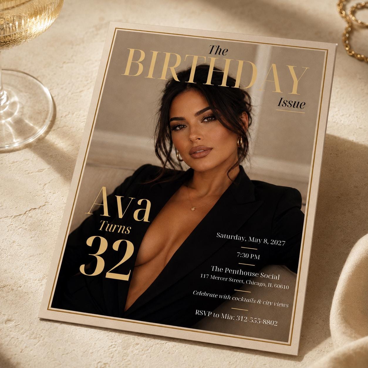 32nd Birthday Invitation, Magazine Cover Photo Invite, Chic Editorial Black Gold Party Editable Canva Template - Image 5