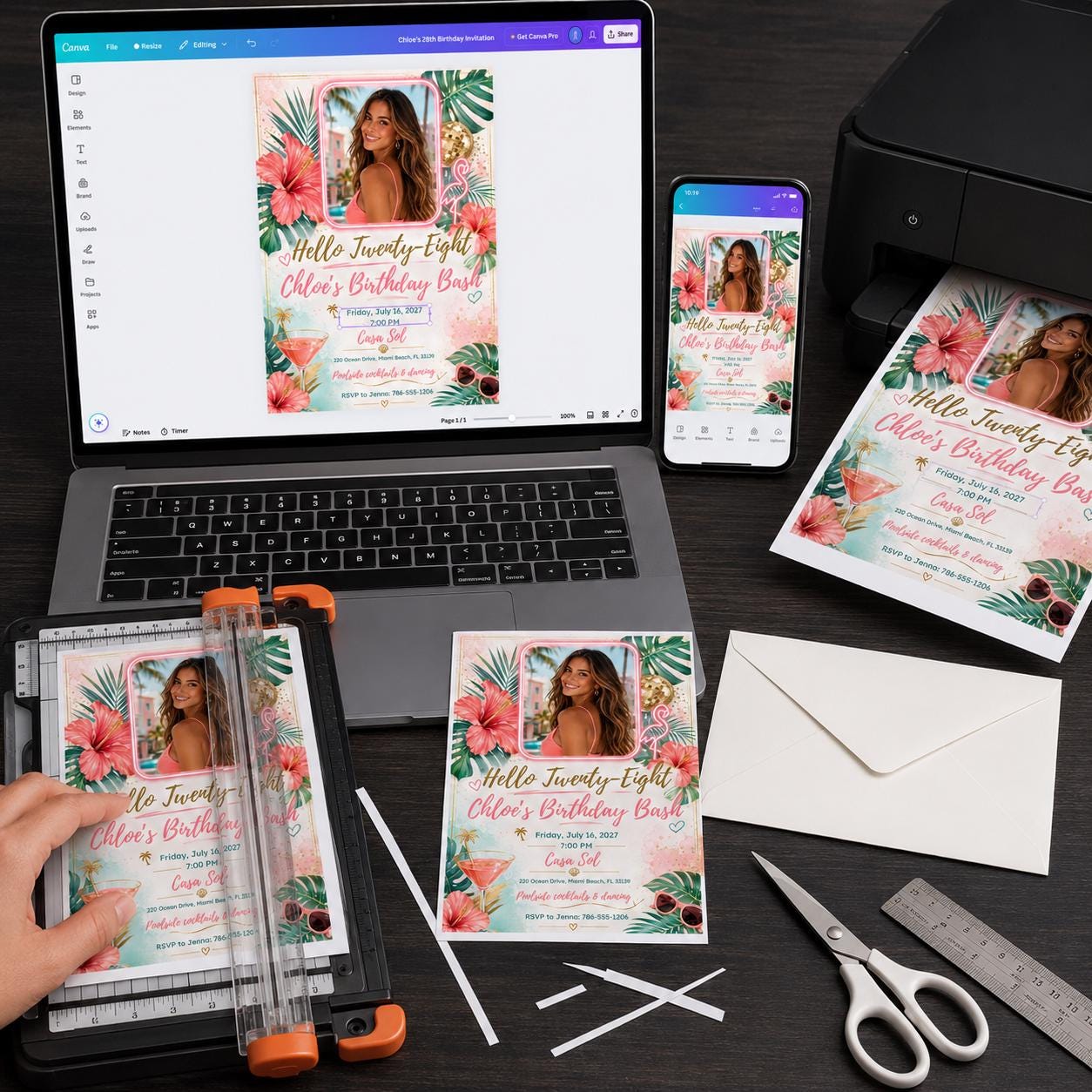 28th Birthday Invitation, Tropical Flamingo Photo Invite, Pink Hibiscus Pool Party Editable Canva Template - Image 3