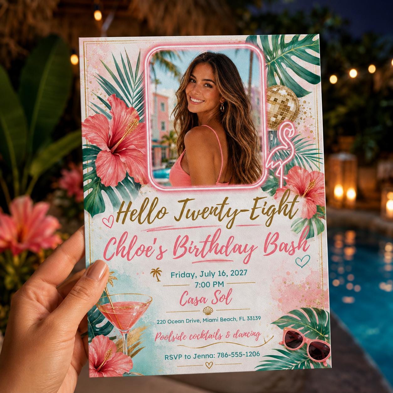 28th Birthday Invitation, Tropical Flamingo Photo Invite, Pink Hibiscus Pool Party Editable Canva Template - Image 6