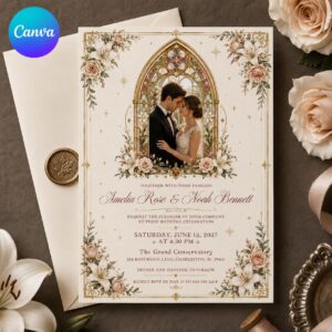 Stained Glass Wedding Invitation, Elegant Floral Photo Wedding Invite, Romantic Gold Editable Canva Template