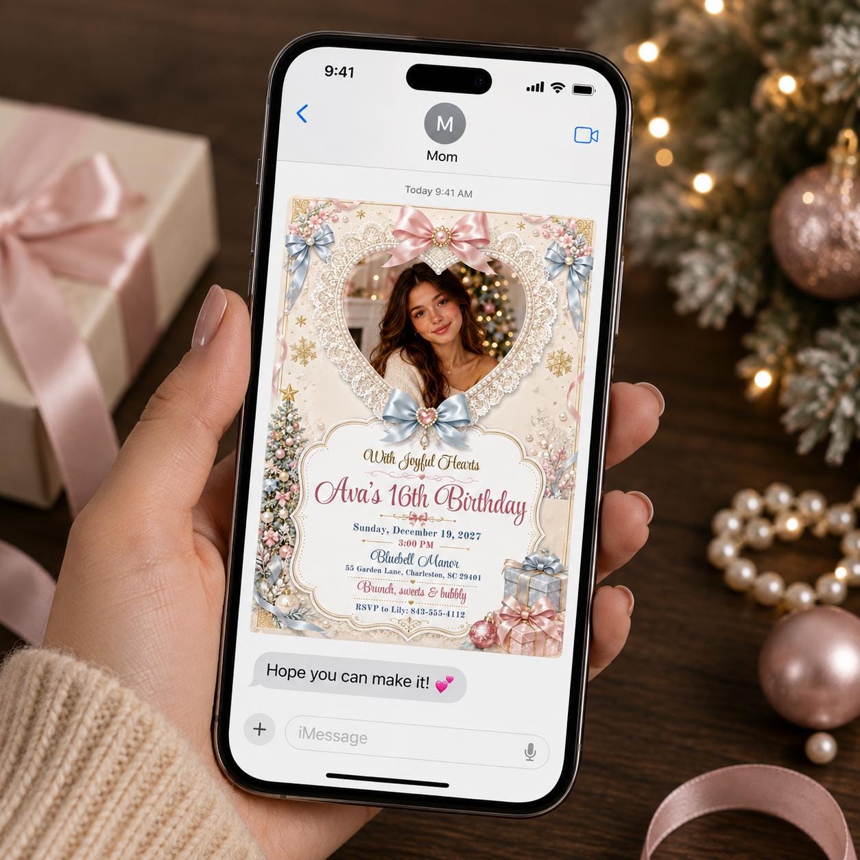 Sweet 16 Birthday Invitation, Christmas Coquette Photo Invite, Pink Blue Bow Lace Holiday Party Canva Template - Image 3