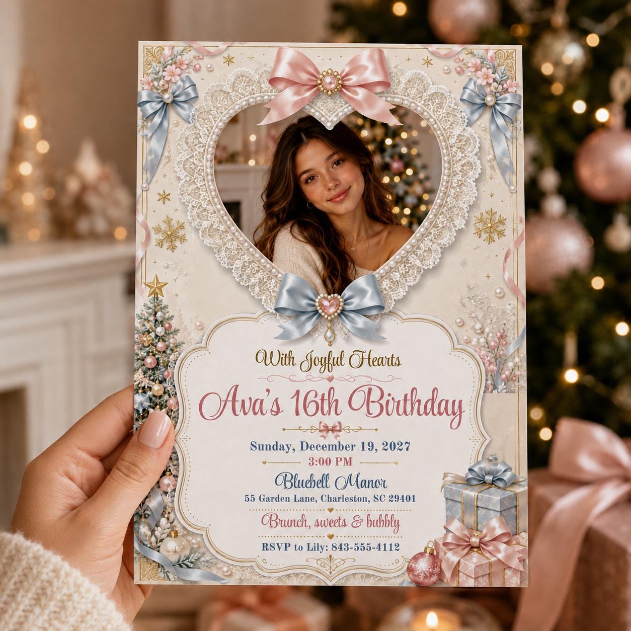 Sweet 16 Birthday Invitation, Christmas Coquette Photo Invite, Pink Blue Bow Lace Holiday Party Canva Template - Image 6