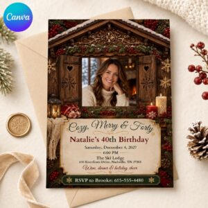 40th Birthday Invitation, Cozy Christmas Ski Lodge Photo Invite, Rustic Winter Holiday Party Editable Canva Template