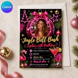 27th Birthday Invitation, Pink Disco Christmas Photo Invite, Jingle Bell Holiday Party Editable Canva Template