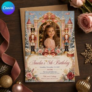 8th Birthday Invitation, Nutcracker Princess Photo Invite, Pink Christmas Ballet Party Editable Canva Template