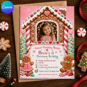 5th Birthday Invitation, Pink Gingerbread Christmas Photo Invite, Girl Holiday Party Editable Canva Template
