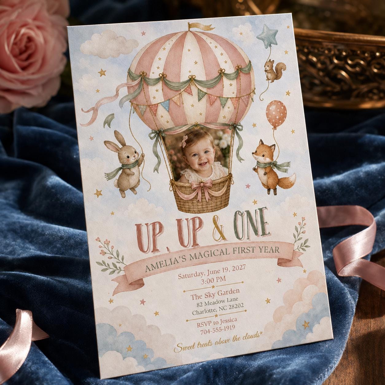 Hot Air Balloon First Birthday Invitation, Up Up and Away Girl Photo Invite, Pastel Editable Canva Template - Image 6