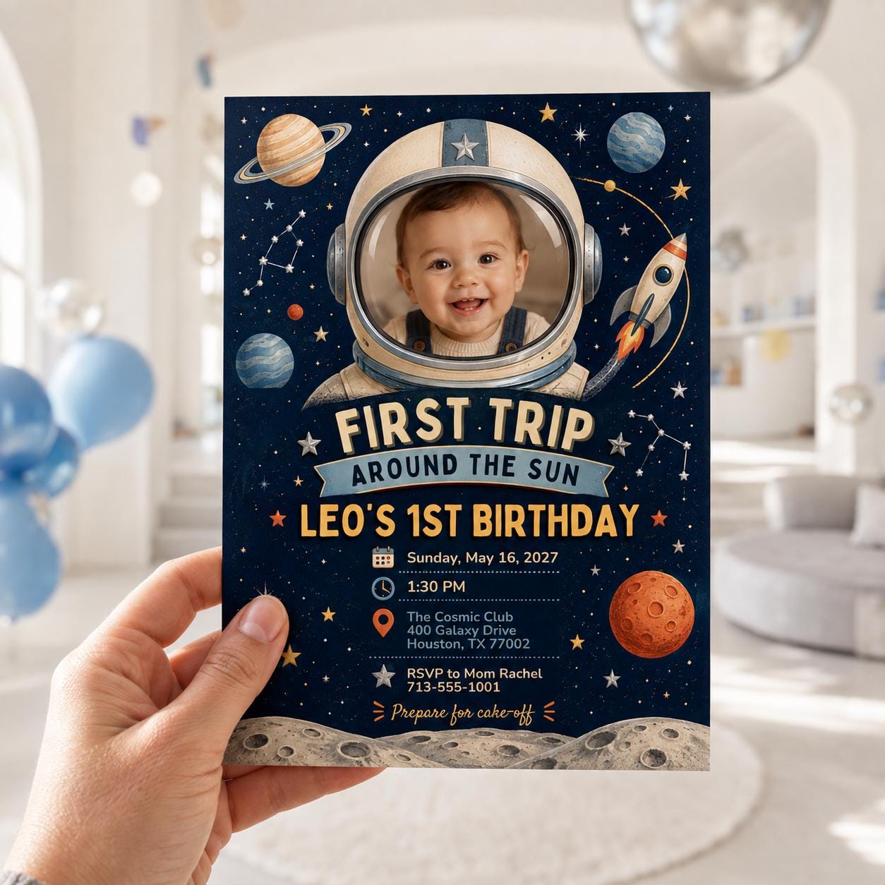 First Trip Around the Sun Invitation, Space Astronaut Photo 1st Birthday Invite, Editable Canva Template - Image 4