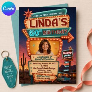 60th Birthday Invitation, Retro Vegas Motel Sign Photo Invite, Vintage Milestone Party Editable Canva Template