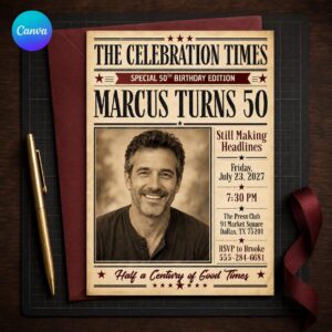 50th Birthday Newspaper Invitation, Vintage Photo Birthday Invite for Him, Editable Printable Canva Template