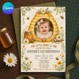 Bee First Birthday Invitation, Our Little Honey Photo Invite, Daisy Bumble Bee Party Editable Printable Canva Template