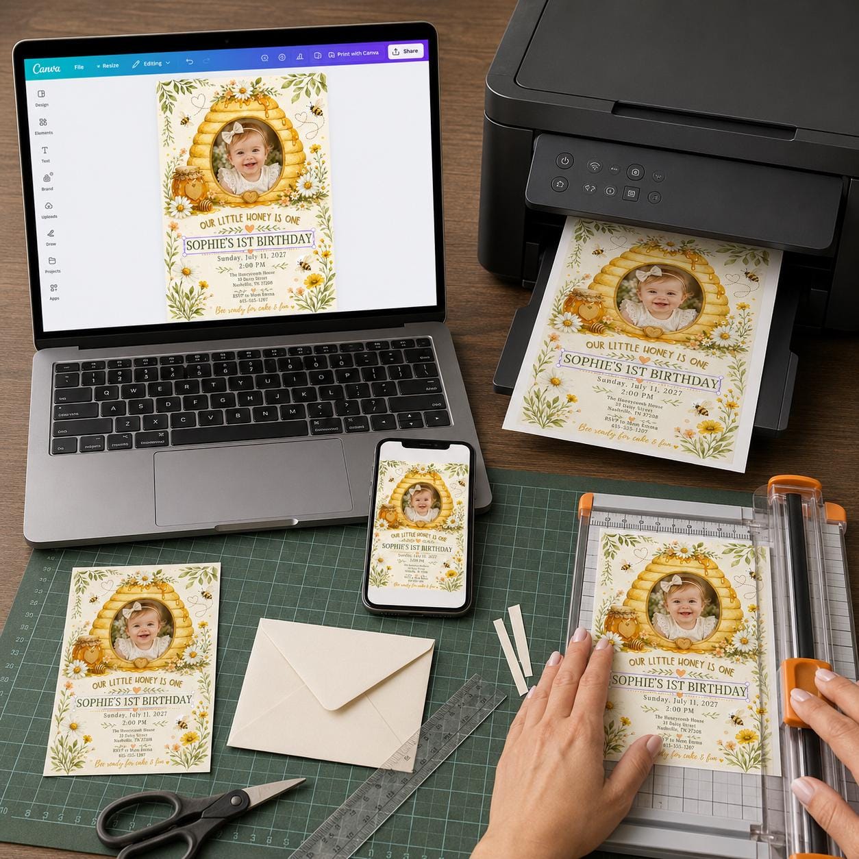 Bee First Birthday Invitation, Our Little Honey Photo Invite, Daisy Bumble Bee Party Editable Printable Canva Template - Image 5