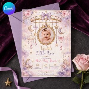 Twinkle Little Star Baby Shower Invitation, Lavender Moon Stars Photo Invite, Celestial Girl Shower Editable Canva Template