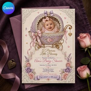 Vintage Baby Carriage Baby Shower Invitation, Pink Lace Pram Photo Invite, Coquette Girl Shower Editable Canva Template