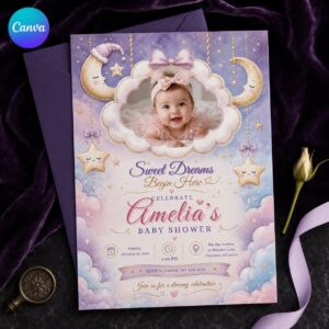 Moon and Stars Baby Shower Invitation, Pastel Sweet Dreams Photo Invite, Celestial Girl Shower Editable Canva Template