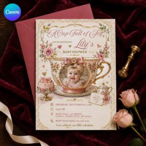 Tea Party Baby Shower Invitation, Vintage Teacup Photo Invite, Pink Floral Girl Shower Editable Canva Template