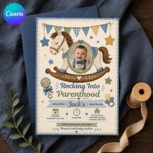 Rocking Horse Baby Shower Invitation, Vintage Blue Boy Photo Invite, Storybook Nursery Editable Canva Template