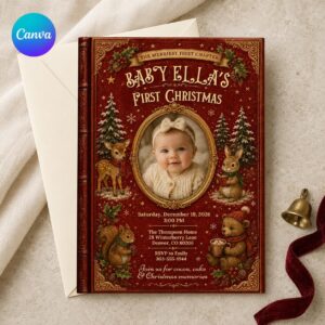 Baby's First Christmas Invitation, Vintage Storybook Holiday Photo Invite, Woodland Christmas Editable Canva Template