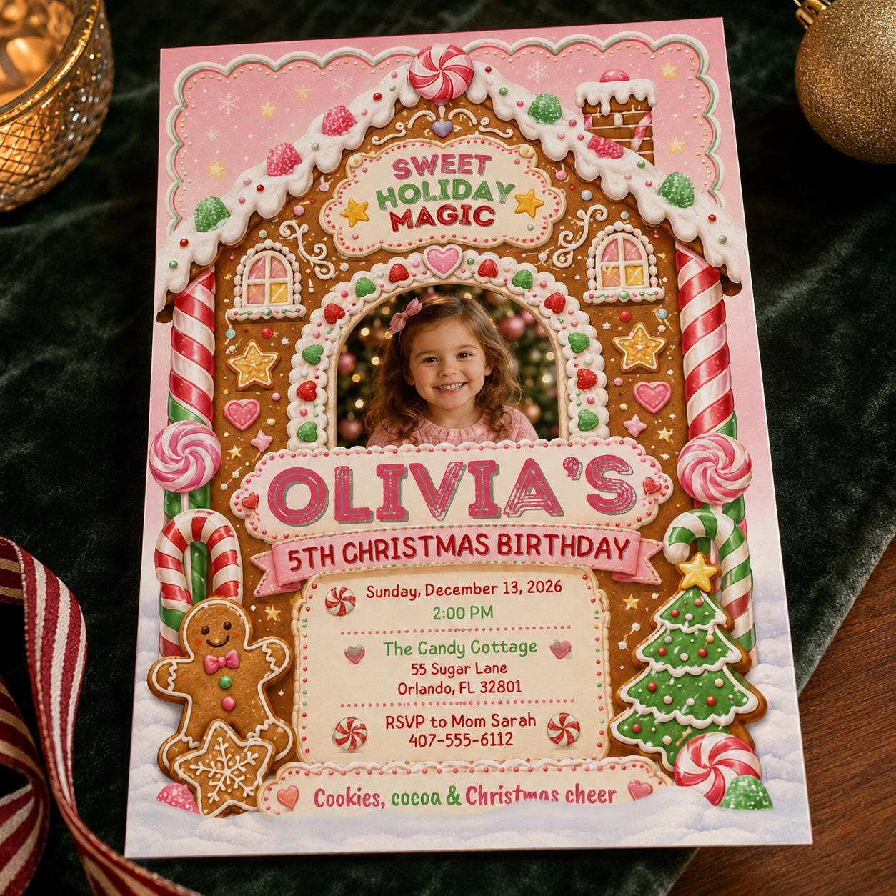 Gingerbread Christmas Birthday Invitation, Pink 5th Birthday Holiday Party Invite, Kids Editable Canva Template - Image 3