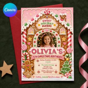 Gingerbread Christmas Birthday Invitation, Pink 5th Birthday Holiday Party Invite, Kids Editable Canva Template