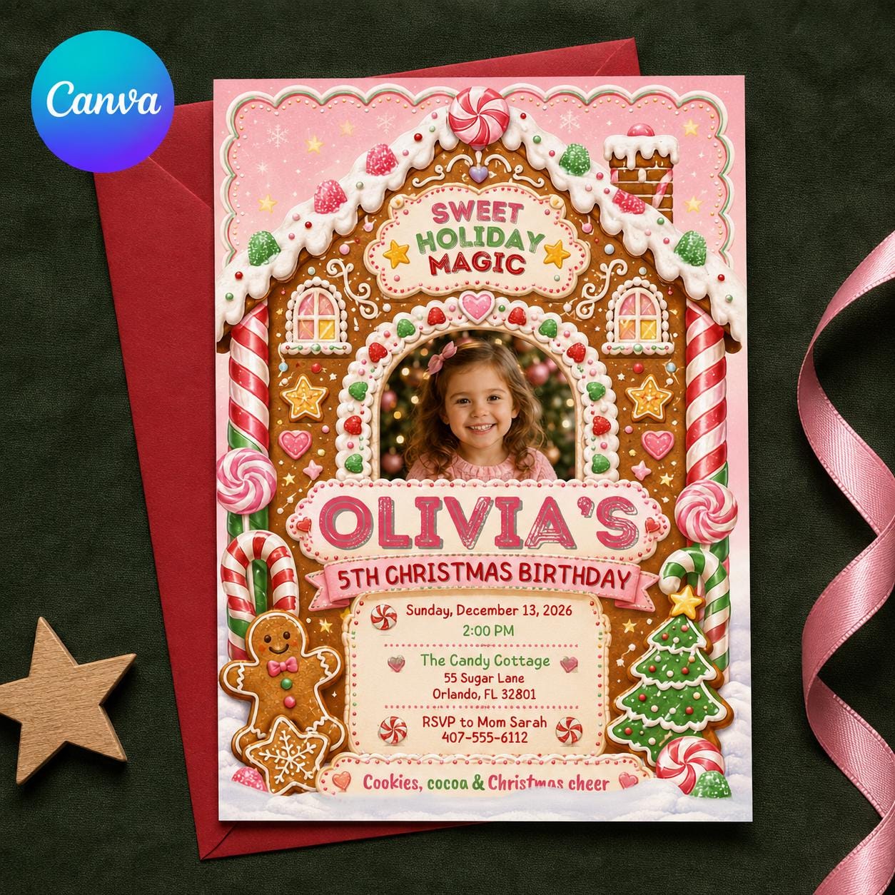 Gingerbread Christmas Birthday Invitation, Pink 5th Birthday Holiday Party Invite, Kids Editable Canva Template