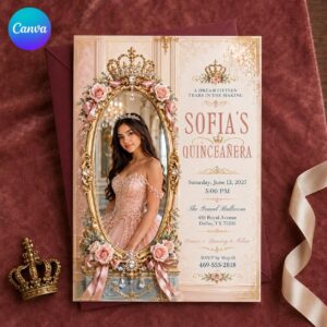 Quinceanera Invitation, Blush Pink Gold Crown Sweet 15 Invite, Princess Floral Photo Editable Canva Template