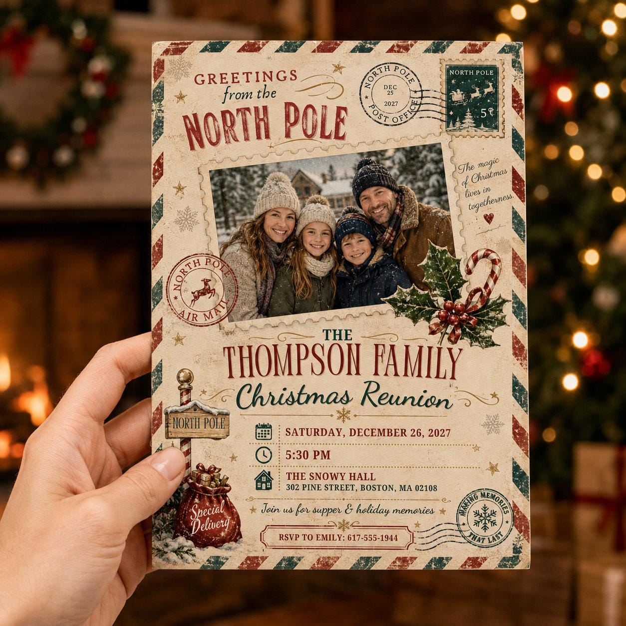 Christmas Party Invitation, Vintage North Pole Family Reunion Photo Invite, Editable Holiday Gathering Canva Template - Image 4