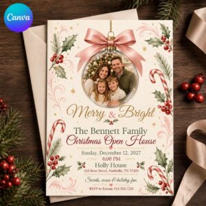 Christmas Open House Invitation, Pink Bow Family Holiday Party Photo Invite, Elegant Editable Canva Template