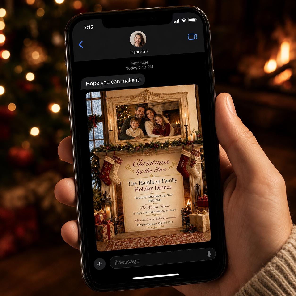 Christmas Dinner Invitation, Cozy Fireplace Family Holiday Party Invite, Traditional Editable Canva Template - Image 3