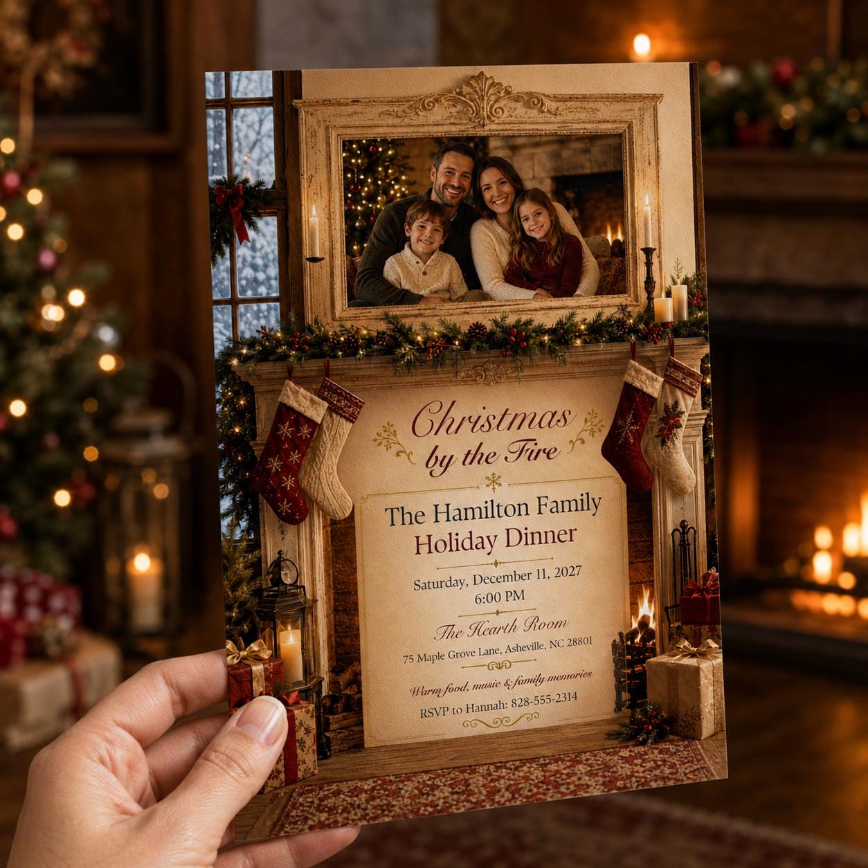 Christmas Dinner Invitation, Cozy Fireplace Family Holiday Party Invite, Traditional Editable Canva Template - Image 4