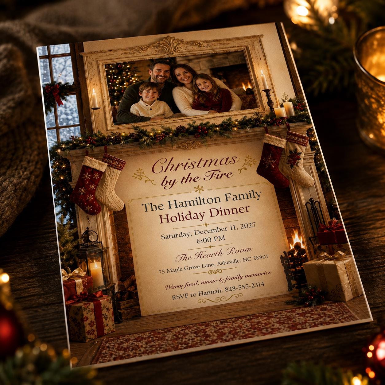 Christmas Dinner Invitation, Cozy Fireplace Family Holiday Party Invite, Traditional Editable Canva Template - Image 6