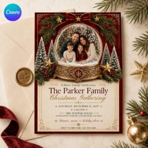 Christmas Party Invitation, Snow Globe Family Gathering Photo Invite, Traditional Red Gold Editable Canva Template