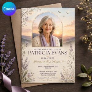 Celebration of Life Invitation, Lavender Floral Memorial Service Photo Invite, Elegant Editable Canva Template
