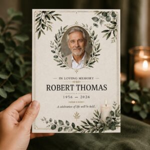 Celebration of Life Invitation, Greenery Memorial Service Photo Card, Minimal Funeral Announcement Canva Template