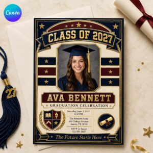 Graduation Party Invitation 2027, Navy Burgundy Gold Photo Grad Invite, Class of 2027 Editable Canva Template