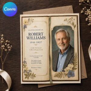 Celebration of Life Invitation, Vintage Book Memorial Service Photo Invite, Elegant Floral Editable Canva Template