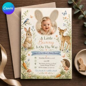Bunny Baby Shower Invitation, Little Bunny Woodland Photo Invite, Floral Rabbit Editable Canva Template