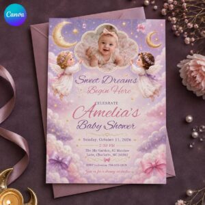 Celestial Baby Shower Invitation, Angel Moon and Stars Girl Photo Invite, Dreamy Editable Canva Template
